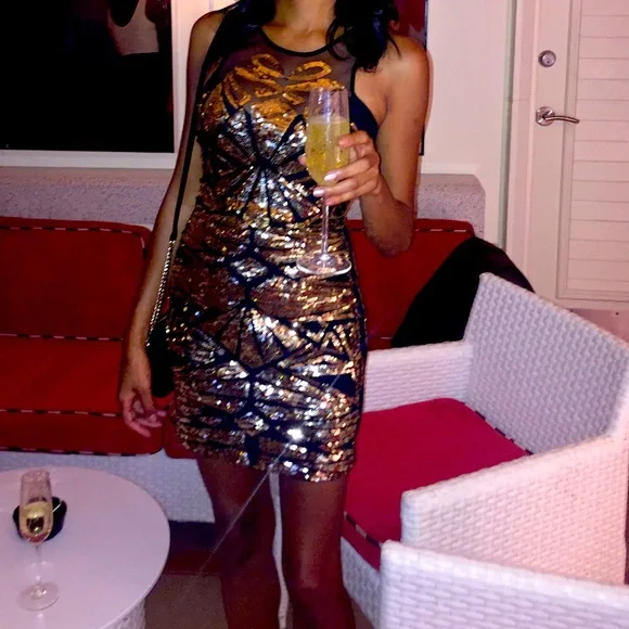 bebe black and gold dress Color Block Bandage Dress Black